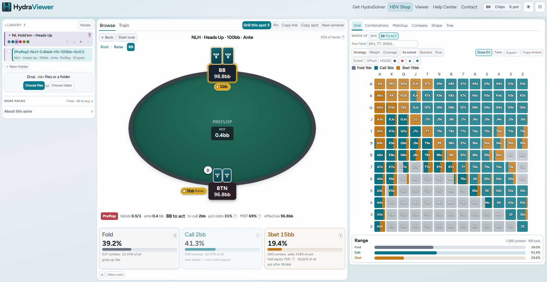 HydraViewer showing a heads-up hold'em preflop spot: the library on the left, the felt in the middle with both stacks, the ante and the blind posted, and the range grid on the right with the fold, call and 3-bet frequencies under it.